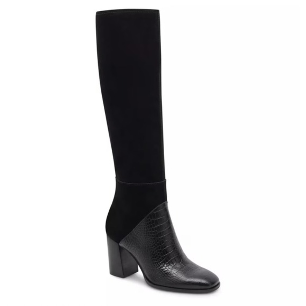 Dolce Vita Fynn Black Suede Crocodile Embossed Leather‎ Heeled Tall Boot Size 6